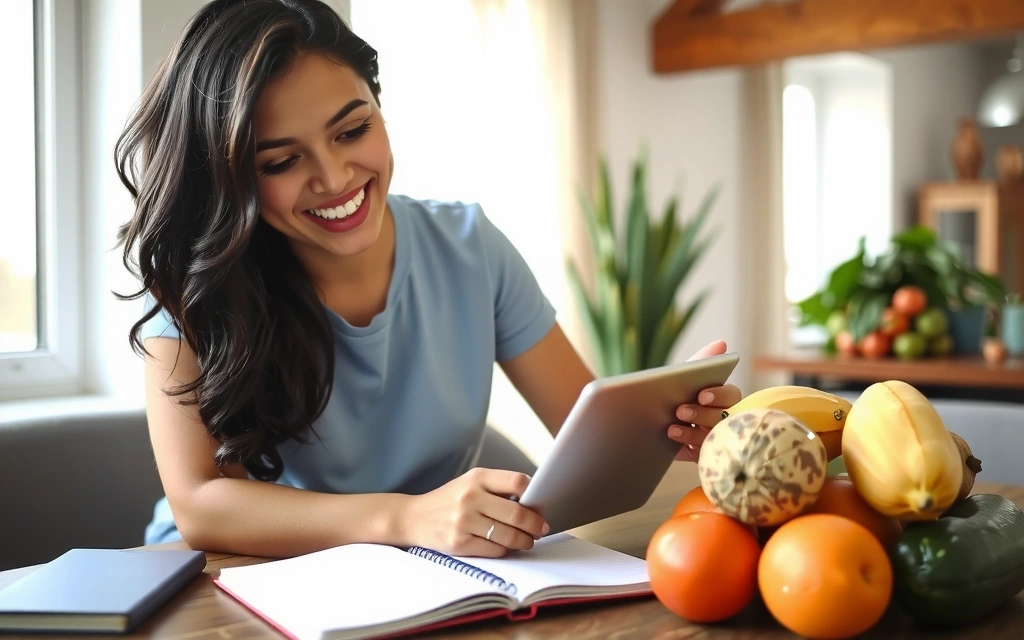 Radosna kobieta czytająca artykuł o zdrowiu, otoczona świeżymi warzywami i owocami