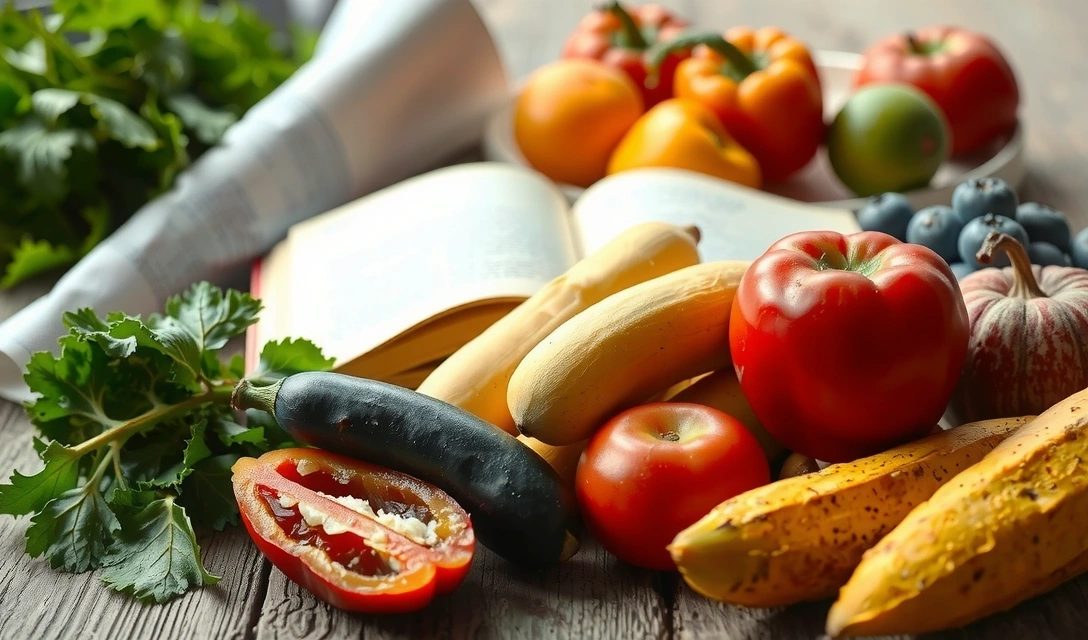 Stylowa kompozycja świeżych, żywych warzyw i owoców na drewnianym stole, z rozłożoną książką kucharską w tle