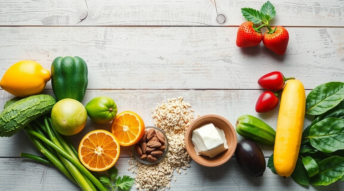 Zdjęcie przedstawiające świeże, zdrowe jedzenie, takie jak owoce, warzywa, orzechy i zboża, ułożone w estetyczną kompozycję na drewnianym stole, symbolizujące zdrowy styl życia i wartość odżywczą.