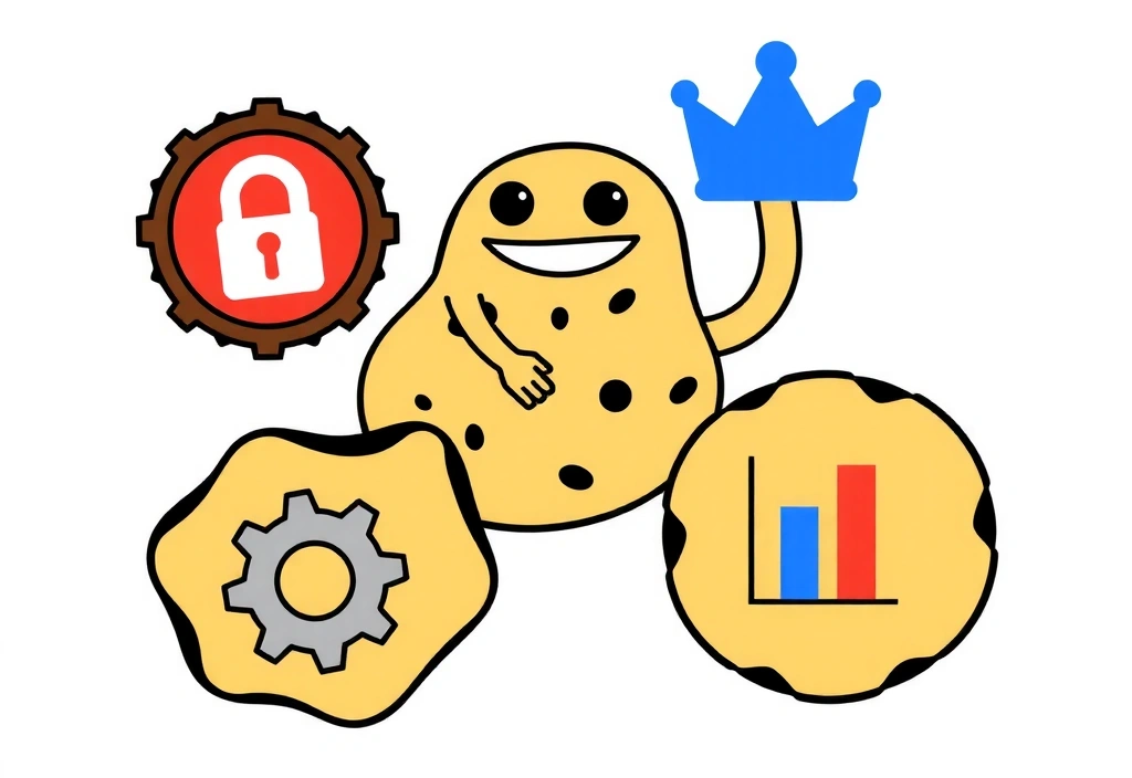 Różne rodzaje ciasteczek internetowych symbolizujące ich funkcje