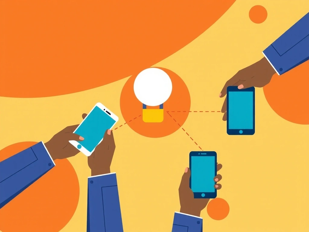 Ilustracja przedstawiająca proces komunikacji, z dłońmi trzymającymi smartfony i tablet, symbolizującymi łatwość kontaktu