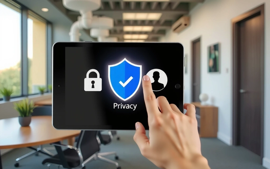 Ręka trzymająca tablet z ikonami prywatności i kłódką, symbolizująca bezpieczeństwo danych
