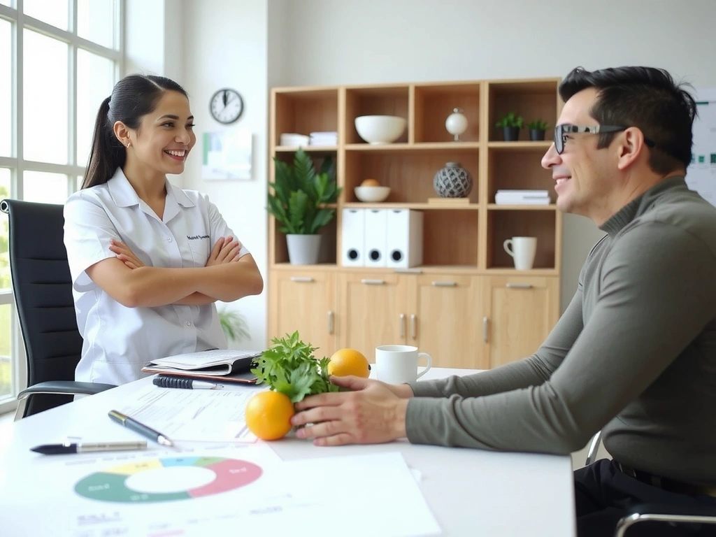 Dietetyk rozmawia z klientem podczas indywidualnej konsultacji, omawiając plan żywieniowy.