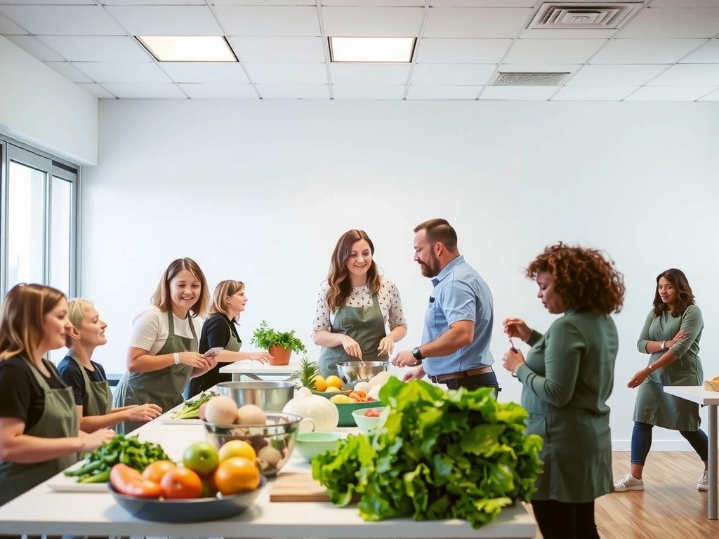 Grupa ludzi uczestniczy w interaktywnym warsztacie kulinarnym, przygotowując zdrowe posiłki pod okiem eksperta. Atmosfera jest radosna i edukacyjna. Bez tekstu.